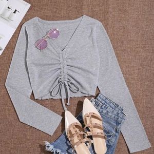 Cinched Front Drawstring ribbed Grey crop top